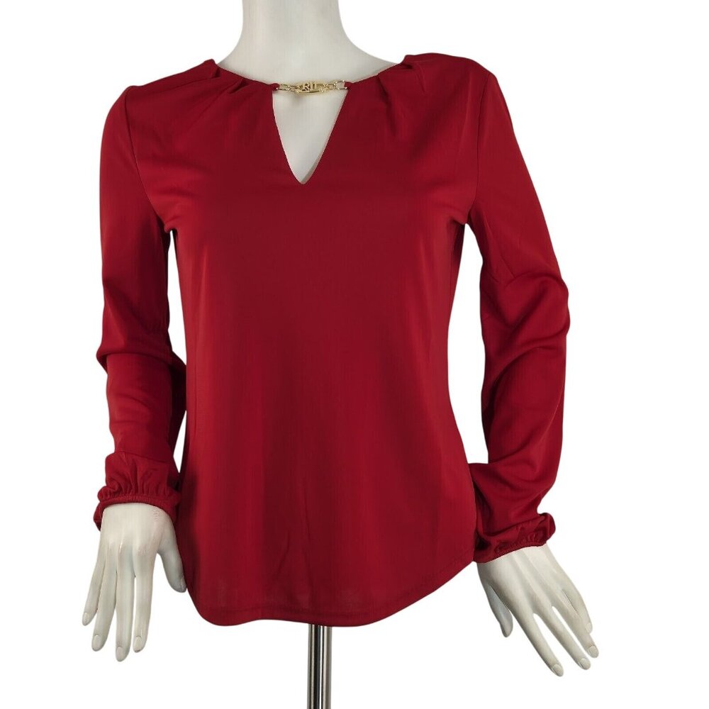 Lauren Ralph Lauren Women's Blouse Size S Logo Trim Jersey Red Long Sleeve (42)